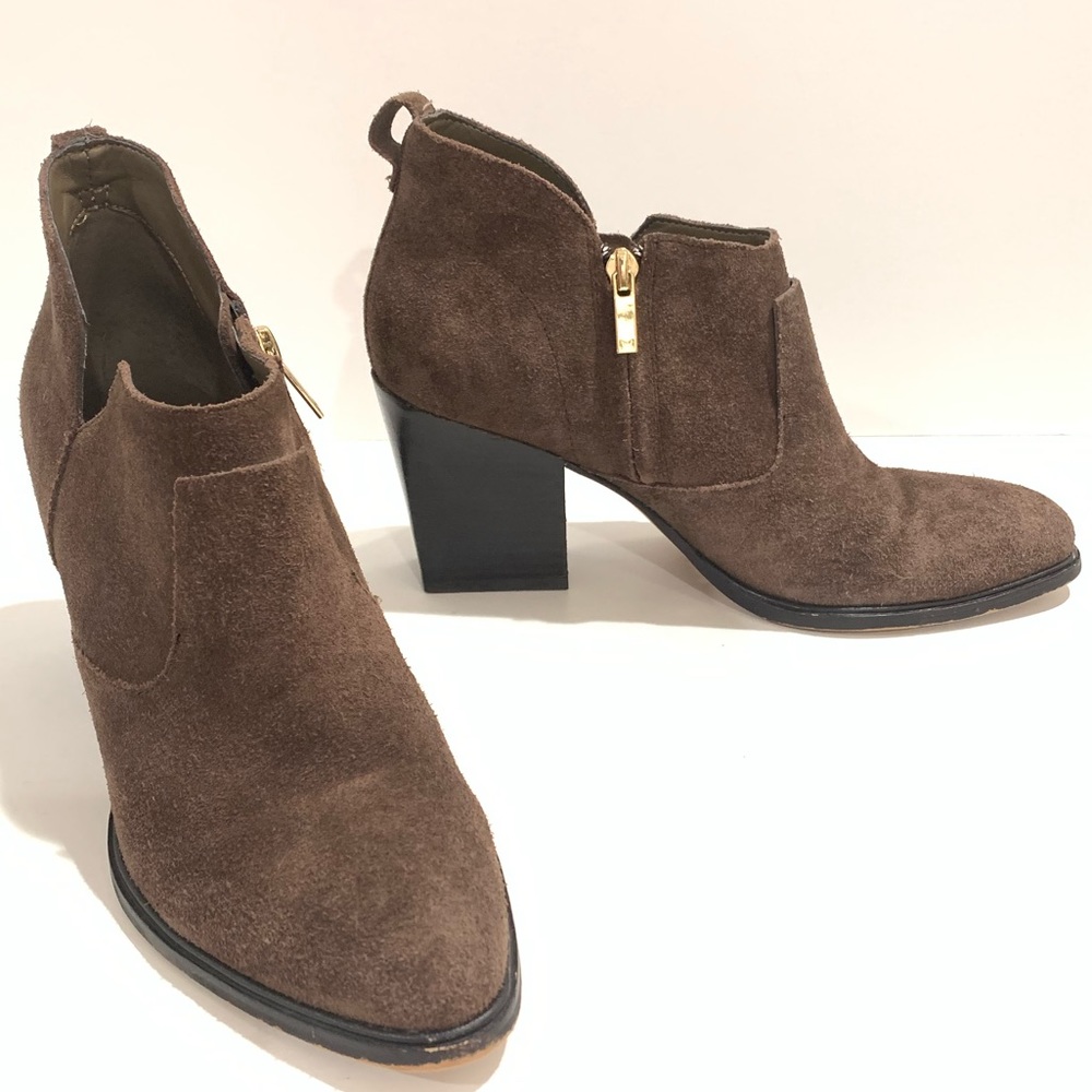 Marc Fisher Brown Suede Ankle Bootie Gold Hardware